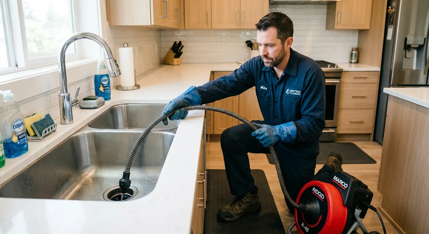 Drain cleaning technician using a motorized snake on a kitchen sink in Midlothian