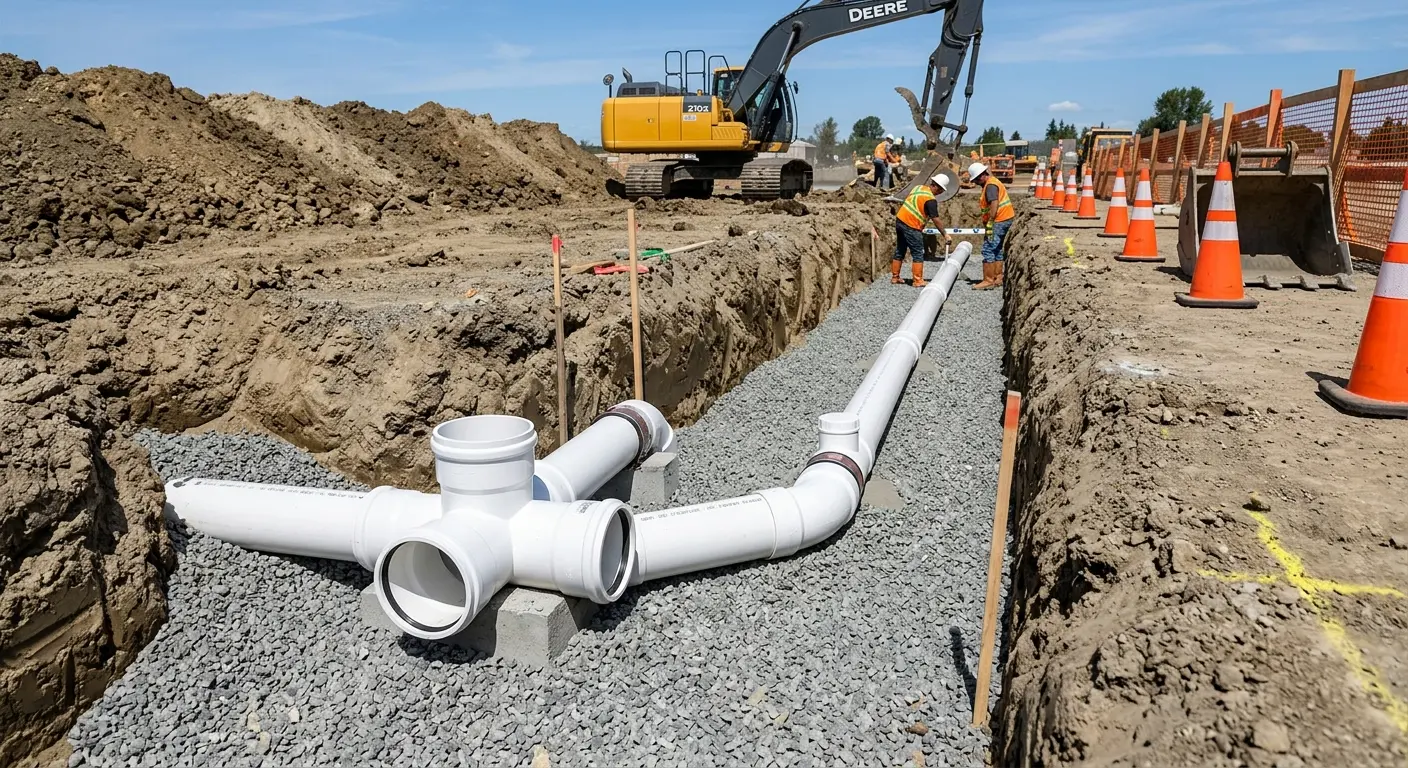 New PVC sewer pipe installation in open trench for Sewer Backup in Midlothian