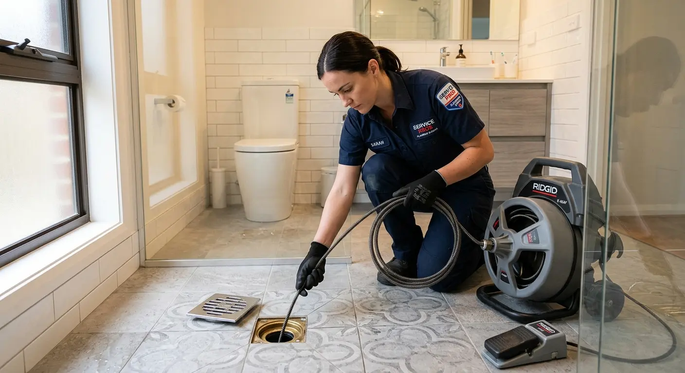 Technician clearing a bathroom floor drain for Drain Cleaning in Midlothian